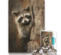 Adult Jigsaws 1000 Pieces Difficult Raccoon in A Tree,Stress Reliever Difficult Challenge with Matching Poster And Trivia Sheet 38x26cm
