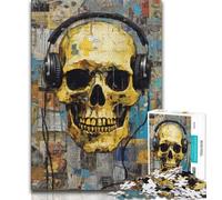 Adult Jigsaws 1000 Pieces Difficult Skeleton Wearing Headphones,Stress Reliever Difficult Challenge with Matching Poster And Trivia Sheet 38x26cm