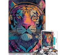 Adult Jigsaws 1000 Pieces Difficult Tiger Wearing Headphones Puzzles for Adults,Game Toys Every Piece Is Unique - Challenging Family Fun Game (size 38x26cm)