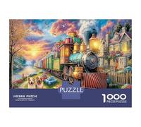 Adult Jigsaws 1000 Pieces Steam Train Town - Extra-thick Cardboard Brain Training Puzzle Christmas Train & Housewarming Gift Puzzle 52x38cm/1000pcs