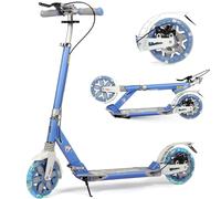 Adult Kick Scooter with Disc Handbrake, Foldable Adjustable City Scooter with Dual Suspension, 200mm Big Wheels Scooter for Kids Ages 8-12 and up (Blue-LED)