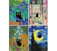 Adult & Kids 5D Diamond Painting Set - 4pcs, Polka Dot Diamond Digital Painting Kit, DIY Beginner Black Cat Diamond Art Kit, Matisse Van Gogh Living Room Bedroom Decorations (11.8x15.7in)