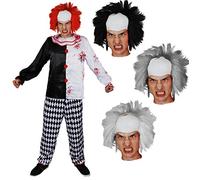 ADULT KILLER CLOWN COSTUME FANCY DRESS COSTUME + RED WIG WITH WHITE HEAD - CRAZY CLOWN TOP AND TROUSERS PERFECT HALLOWEEN COSTUME -SIZE: SMALL