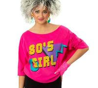 Adult Ladies 80s 1980s Fancy Dress Batwing T Shirt 80's Print Pink by Smiffys