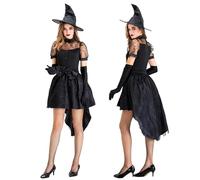 Adult Ladies Halloween Costume, Halloween Dress Up S0e0xy Gothic Witch Immortal Soul Fancy Dress with Hat Glove and Bow Costume Puff Sleeves Elegant Cosplay Medieval Role Play Clothing (Black, XXL)