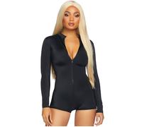 Adult Ladies Leg Avenue Zipper Front Short Black Long Sleeved Romper Bodysuit