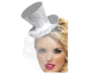 Adult Ladies Silver Glitter Mini Fancy Dress Headband Top Hat Costume Accessory