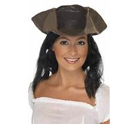 Adult Leather Look Pirate Hat with Hair Fancy Dress Costume
