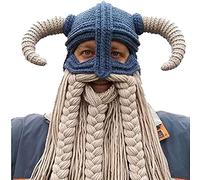 Adult Long Beard Viking Knit Hat Barbarian Bull Horn Handmade Knitted Beanie Hat Warm Funny Ski Cap Funny Party hat, Blue" Or "White, L