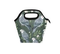 adult lunch bags with Curved handle insulated lunch box Reusable large cooler bag for Office Travel Cartoon African Grey Parrot Sage Green