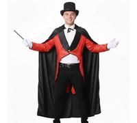 Adult Magician Costume Set - 6 Piece Magic Outfit for Circus Theme Parties - Red Waistcoat, Black Cape, Top Hat, White Gloves & Wand - World Book Day, Halloween, Performer - Unisex Fancy Dress Costume