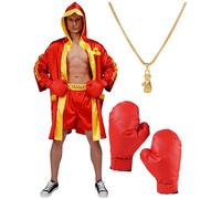 Adult Men Boxing Costume Heavyweight World Champion Boxer Includes Robe, Necklace, Boxing Gloves and Shorts, Red, One size