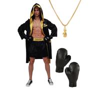 Adult Men Boxing Costume Heavyweight World Champion Boxer Includes Robe, Necklace, Boxing Gloves and Shorts, Black, One size