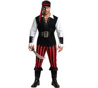 Adult Men Pirate Costume 7pcs Mens Caribbean Sea Captain Cutthroat Pirate Robber Halloween Cosplay Shirt Pants Outfit, Black & Red, XXL