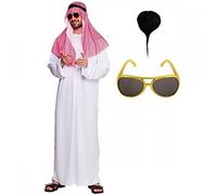 Adult Mens Arab Sheikh Costume + Goatee Beard + Gold Rim Sunglasses : Middle Eastern Oil Theme Fancy Dress (Plus Size)