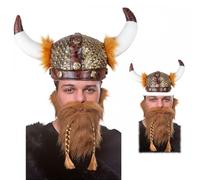 Adult Mens Authentic Soft Viking Hat + Viking Beard Fancy Dress Costume Accessory Set