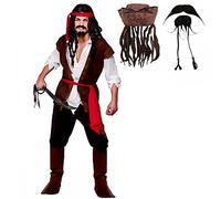 Adult Mens Caribbean Captain Jack Pirate Fancy Dress Costume + Hat With Hair & Beads + Beard & Tash (Small (Chest 37'')), Brown
