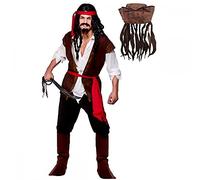 Adult Mens Caribbean Captain Jack Pirate Fancy Dress Costume + Hat With Hair & Beads (Men: X-Large)