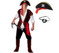 Adult Mens Caribbean Pirate Fancy Dress Costume + Pirate Hat with Bandana + Skull & Crossbones Eye Patch Option (Costume, Pirate Hat & Eye Patch, M)