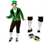 Adult Mens Deluxe Leprechaun Costume + White Knee Socks + Shoe Buckles : Green Irish St. Patrick's Day Party Fancy Dress (Small (Up to 37" Chest))