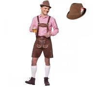 Adult Mens Faux Suede Lederhosen Oktoberfest COSTUME + DELUXE BAVARIAN BROWN HAT : German Beer Festival Stag Fancy Dress (XXL)