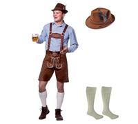 Adult Mens Faux Suede Lederhosen Oktoberfest COSTUME + WOOL BLEND SOCKS + OKTOBERFEST BROWN HAT : German Bavarian Beer Festival Stag Fancy Dress (Large)