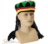 Adult Mens Jamaican Rasta Hat Dreadlocks Wig Bob Marley Caribbean Fancy Dress