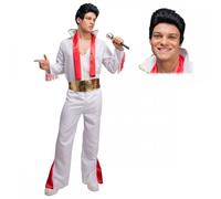 Adult Mens King of Rock 'n' Roll Costume + 50's Rocker Black Quiff Wig : 50's 60's 70's Rock Star Music Legend Vegas Fancy Dress Outfit (M)