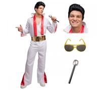 Adult Mens King of Rock 'n' Roll Costume + 50's Rocker Black Quiffed Wig + Gold Frame Glasses + Microphone : 50's 60's 70's Rock Star Music Legend Vegas Fancy Dress Outfit (L)