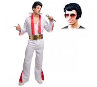 Adult Mens King of Rock 'n' Roll Costume + Black Quiffed Wig : 50's 60's 70's Rocker Music Legend Vegas Fancy Dress Outfit (M)