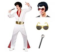 Adult Mens King of Rock n' Roll Costume + Wig + Glasses + Mic : Rock Star Legend Fancy Dress (Medium (Chest 41''))