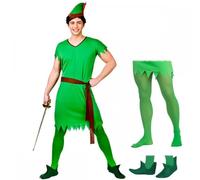 Adult Mens Lost Boy/Elf/Robin Hood Costume + Green Tights + Optional Elf Style Shoes : Book Day Character Storybook or Christmas Fancy Dress (Costume, Tights & Shoes, One Size (Up to 44" Chest))