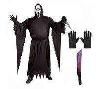 Adult Mens Official Scream Ghost Face Costume (PLUS SIZE) + Black Gloves + Bleeding Machete : Halloween Fancy Dress
