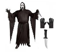 Adult Mens Official Scream Ghost Face PLUS SIZE Costume + Black Gloves + Horror Knife : Halloween Horror Film Theme Fancy Dress,