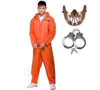 Adult Mens Orange Convict Suit Fancy Dress Costume + Handcuffs + Hannibal Mask (Large (44" Chest))