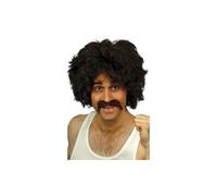 Smiffys Retro Wig & Tash, Brown , 1980's Fancy Dress, Adult Dress Up Wigs