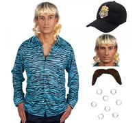 Adult Mens Tiger King Joe Exotic Shirt + Mullet Wig + Moustache + Tiger Hat + Clip-on Piercings : Wild Animal Zoo Halloween Fancy Dress Costume Set … (Medium)