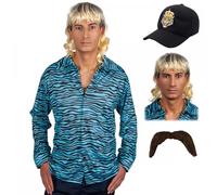 Adult Mens Tiger King Joe Exotic Shirt + Mullet Wig + Moustache + Tiger Hat : Wild Animal Zoo Halloween Fancy Dress Costume Set (Medium)
