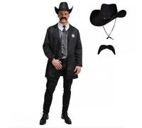 Adult Mens Western Sheriff Costume + Black Texan Cowboy Hat + Black Moustache + Holster & Belt Options : Wild West Fancy Dress Outfit (Costume, Hat & Moustache ONLY, M (Up to 41" Chest))