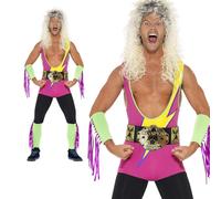 Adult Mens Wrestler Costume Bodysuit WWF 80s 90s Retro Stag Fancy Dress New