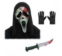 Adult Official Scream Ghost Face Bloody Bling Mask with Hood & Knife Set + Black Gloves : Mens Womens Unisex Halloween Horror Film Fancy Dress Costume Accessories
