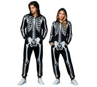 Adult Onesie Skeleton Costume Women Front and Back Bone Print Halloween Skeleton Jumpsuit Men with Zipper Hooded