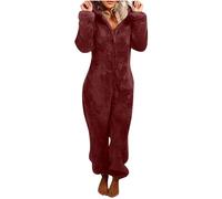 Adult Onesies for Women Fluffy Thermal Pajamas with Car Ear Teddy Fleece Loungewear Sleepwear Hooded Woman's Pyjamas Zip Up Women Nightwear Wine