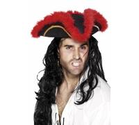 Adult Pirate Tricorn Hat, Red Feather and Gold Braid & Marabou Fancy Dress