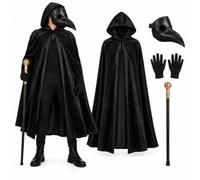 Adult Plague Doctor Halloween Costume Set - Cape, Mask, Cane, Gloves | black velour hooded cape, plague doctor mask, gold-top cane, black gloves, one size fits most, halloween fancy dress