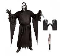 Adult PLUS Scream Ghost Face® Costume + Butcher Knife + Black Gloves Fancy Dress