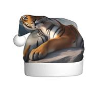 Adult plush Christmas hat WHJSHOP Majestic Tiger Resting on a Rock with Cloudy Sky Pattern soft and comfortable for parties dances Halloween