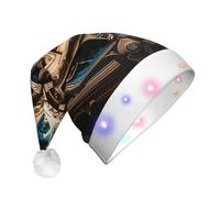 Adult Plush Santa Style Hat, LED Blinking, Full Cool Steampunk Gears Print Soft Polyester for Festival Party Black