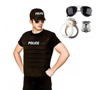 Adult POLICE Vest & Cap Set + Aviator Sunglasses + Special Badge + Handcuffs : Unisex Mens Womens Policeman Cop Team Fancy Dress Costume