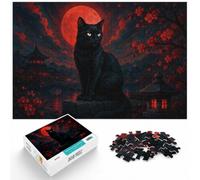 Adult Puzzle, 1000 Pieces, Black Cat Under Red Moon Japan Style, 1000pcs (75x50cm)